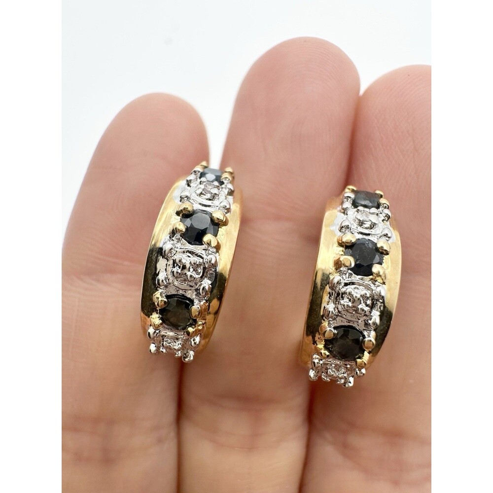 Ross Simons Sterling Silver Gold Vermeil Genuine Sapphire Diamond Hoop Earrings